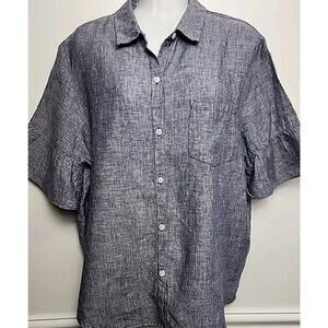 Lord & Taylor Woman Short Ruffle Sleeve Button Front Chambray Blue Linen Top XL